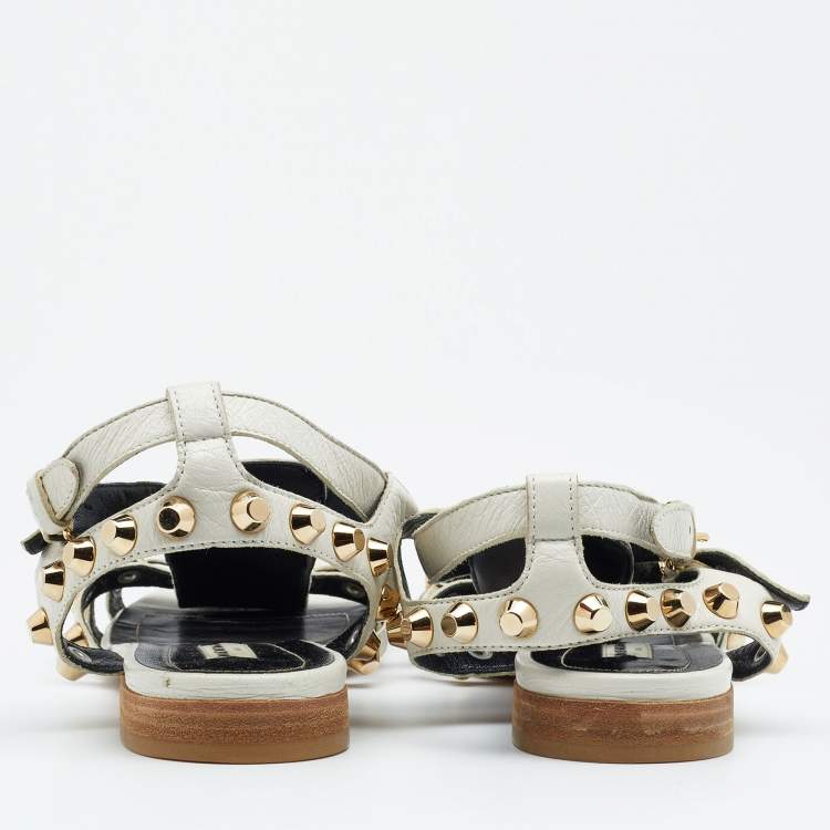 Pre Owned Balenciaga White Leather Studded Ankle Strap Flat Sandals Size 39