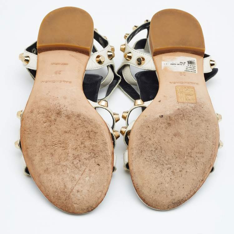 Pre Owned Balenciaga White Leather Studded Ankle Strap Flat Sandals Size 39