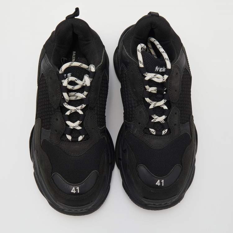 Pre Owned Balenciaga Black Leather And Mesh Triple S Low Top Sneakers Size 41