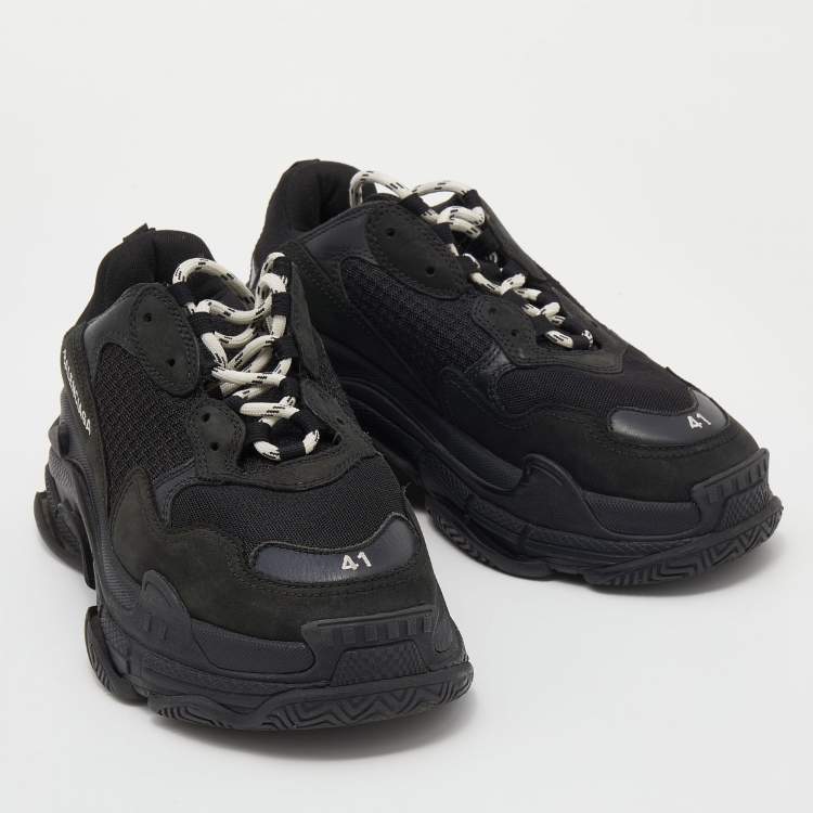 Pre Owned Balenciaga Black Leather And Mesh Triple S Low Top Sneakers Size 41