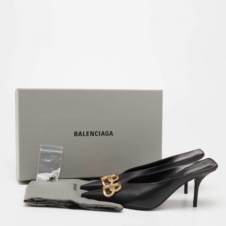 Pre Owned Balenciaga Black Leather BB  Pointed Toe Mules Size 37