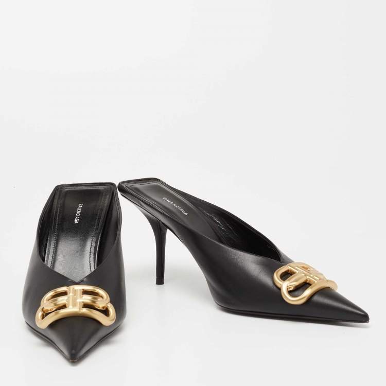 Pre Owned Balenciaga Black Leather BB  Pointed Toe Mules Size 37