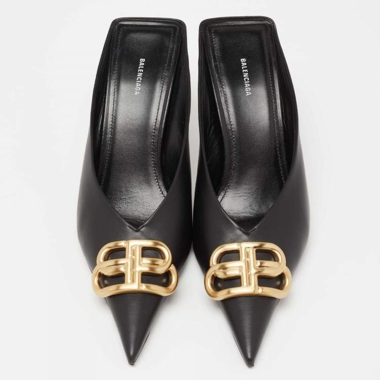 Pre Owned Balenciaga Black Leather BB  Pointed Toe Mules Size 37