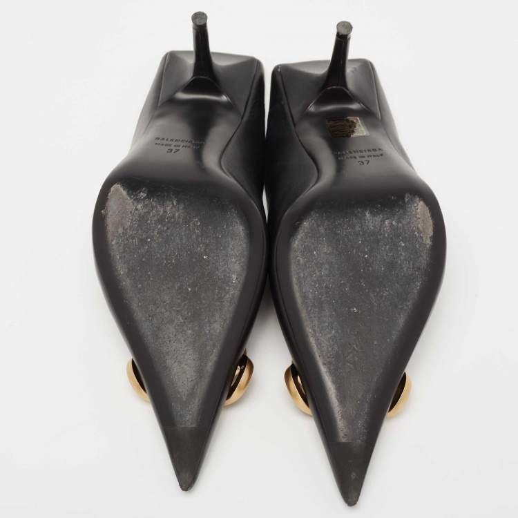 Pre Owned Balenciaga Black Leather BB  Pointed Toe Mules Size 37
