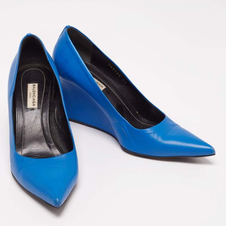 Pre Owned Balenciaga Blue Leather Knife Wedge Pumps Size 39