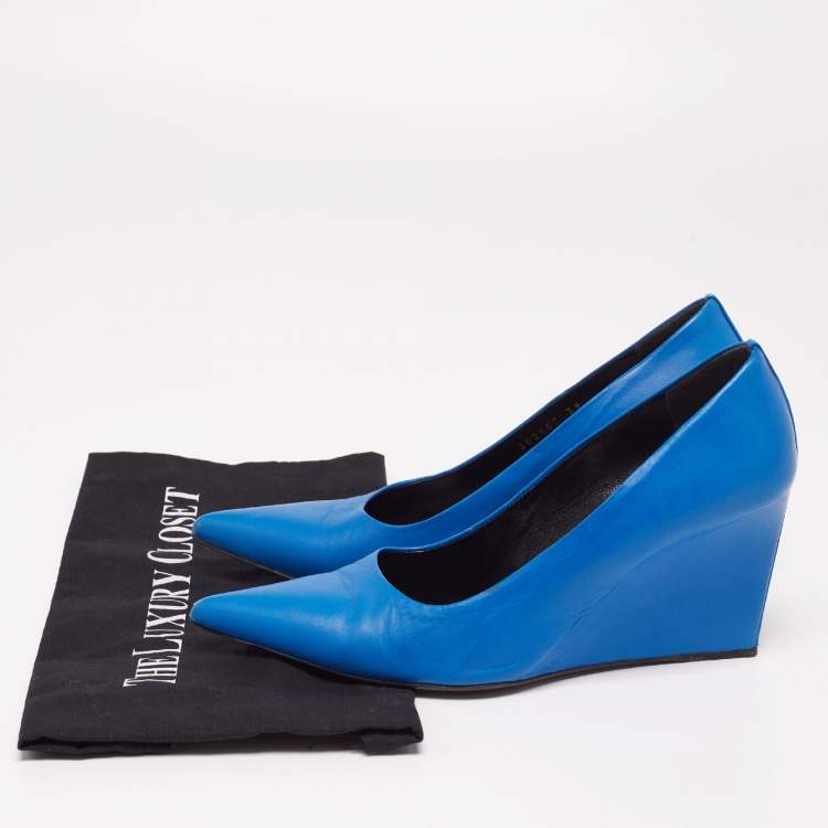 Pre Owned Balenciaga Blue Leather Knife Wedge Pumps Size 39