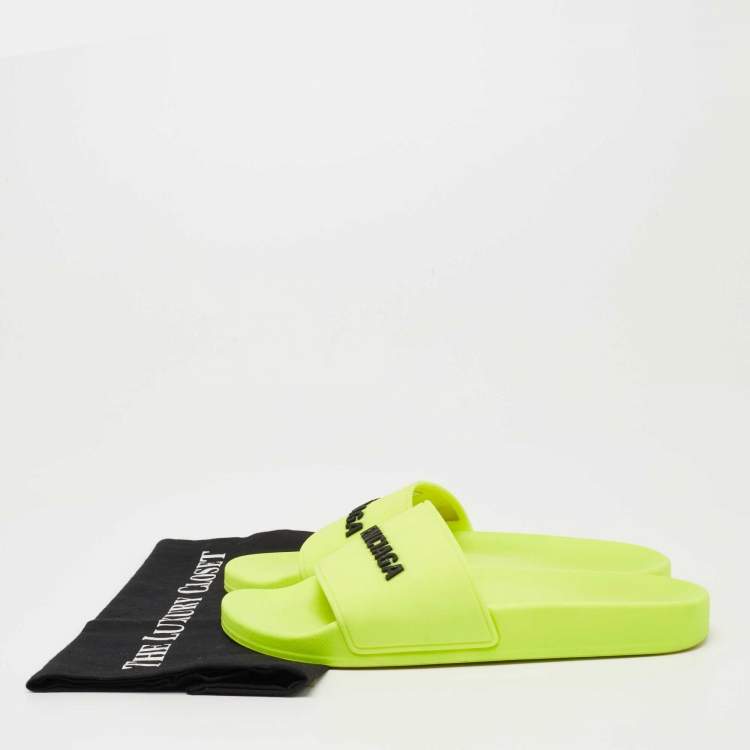 Pre Owned Balenciaga Neon Green Rubber Embossed Logo Slides Size 38