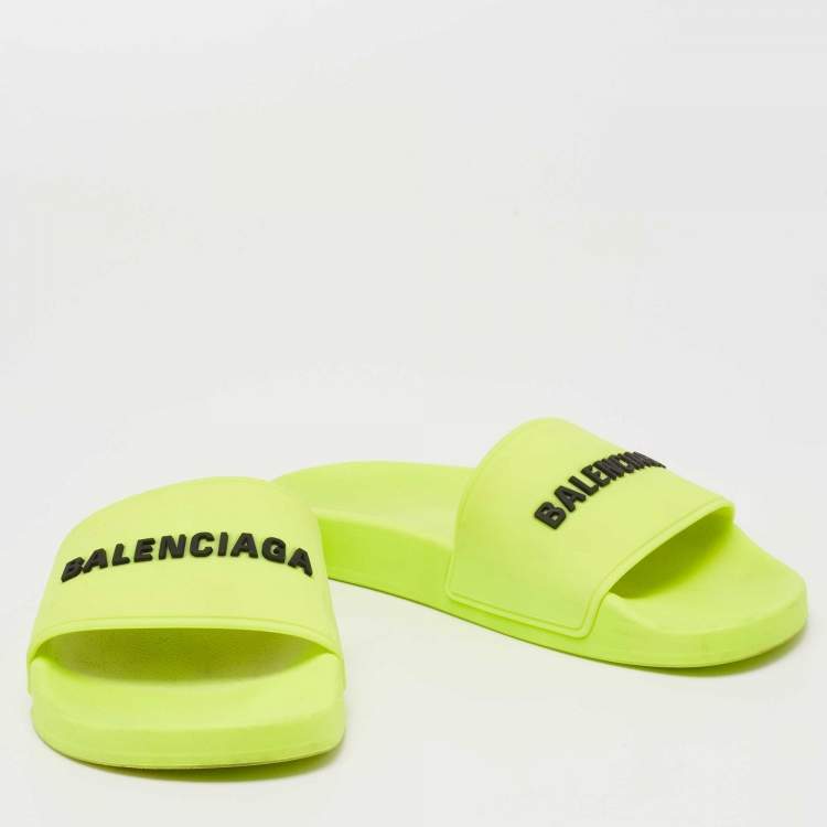 Pre Owned Balenciaga Neon Green Rubber Embossed Logo Slides Size 38
