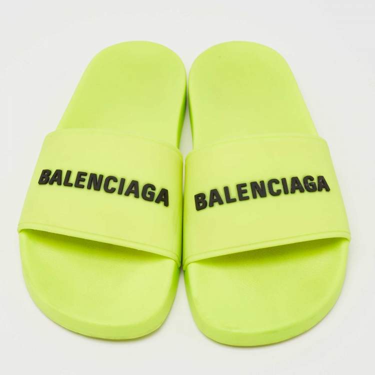 Pre Owned Balenciaga Neon Green Rubber Embossed Logo Slides Size 38