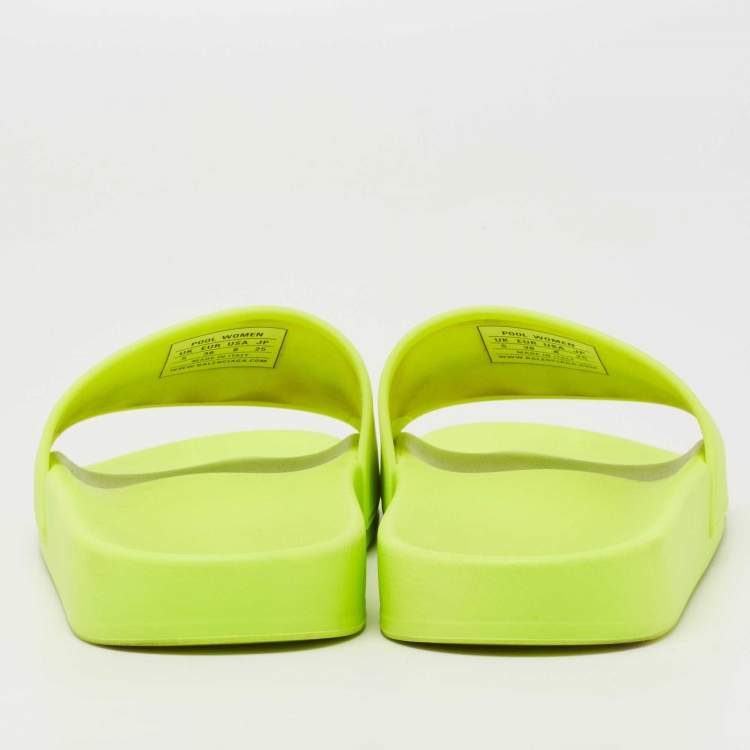 Pre Owned Balenciaga Neon Green Rubber Embossed Logo Slides Size 38