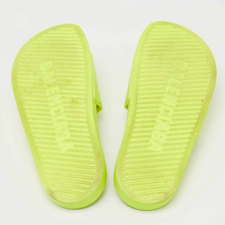 Pre Owned Balenciaga Neon Green Rubber Embossed Logo Slides Size 38