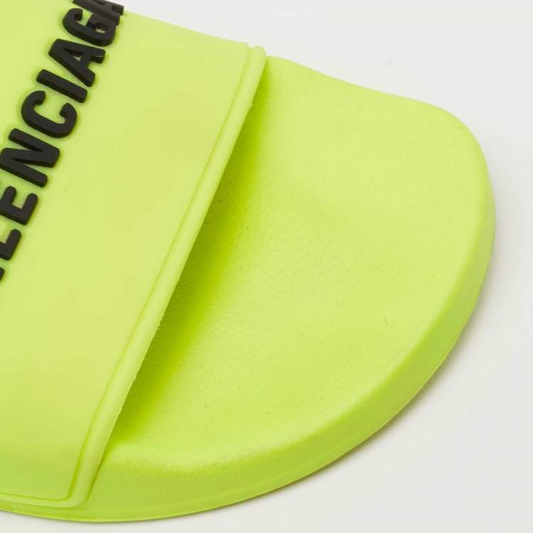 Pre Owned Balenciaga Neon Green Rubber Embossed Logo Slides Size 38