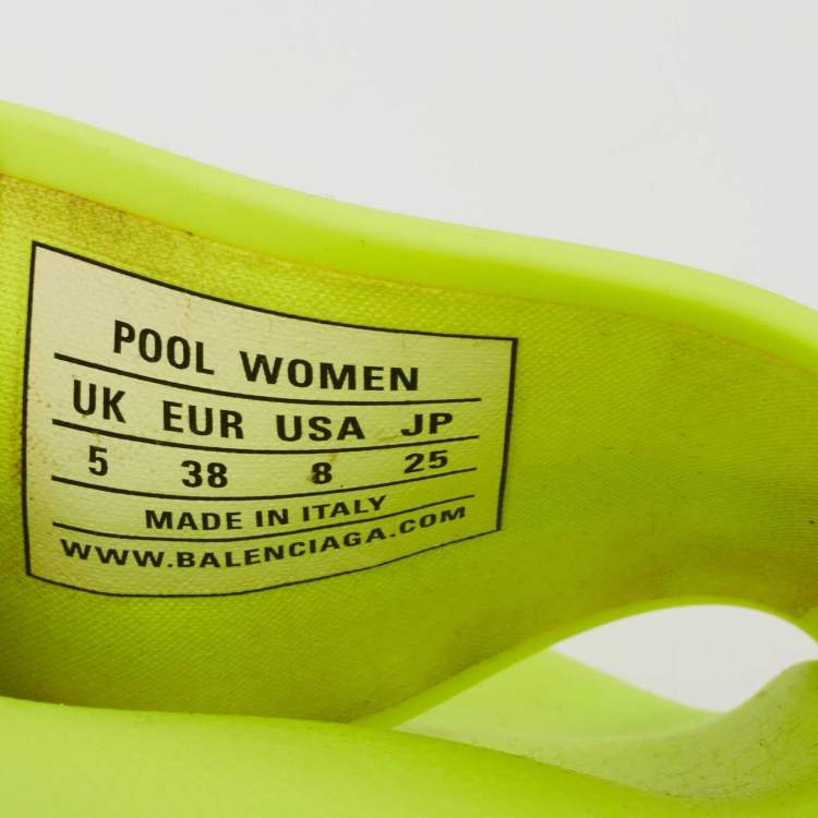Pre Owned Balenciaga Neon Green Rubber Embossed Logo Slides Size 38