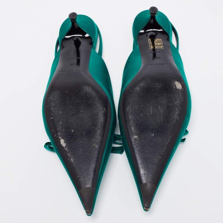 Pre Owned Balenciaga Green Satin Knife Knife Bow Slingback Pointed Toe Mules Size 39