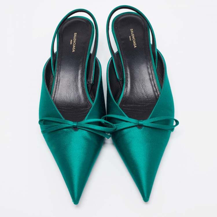 Pre Owned Balenciaga Green Satin Knife Knife Bow Slingback Pointed Toe Mules Size 39