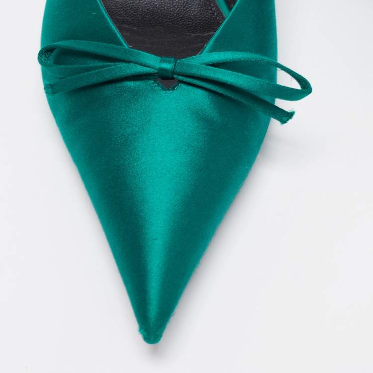 Pre Owned Balenciaga Green Satin Knife Knife Bow Slingback Pointed Toe Mules Size 39