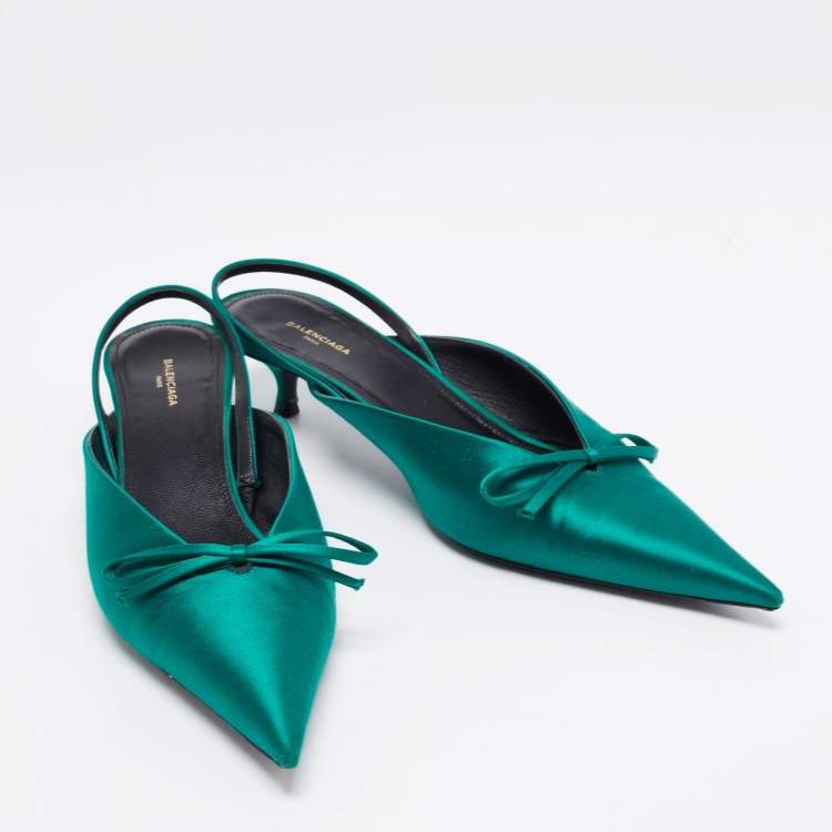 Pre Owned Balenciaga Green Satin Knife Knife Bow Slingback Pointed Toe Mules Size 39