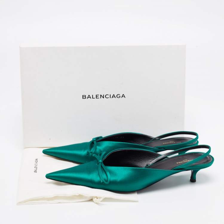 Pre Owned Balenciaga Green Satin Knife Knife Bow Slingback Pointed Toe Mules Size 39