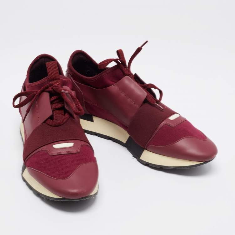 Pre Owned Balenciaga Burgundy Leather And Mesh Race Runner Sneakers Size 40