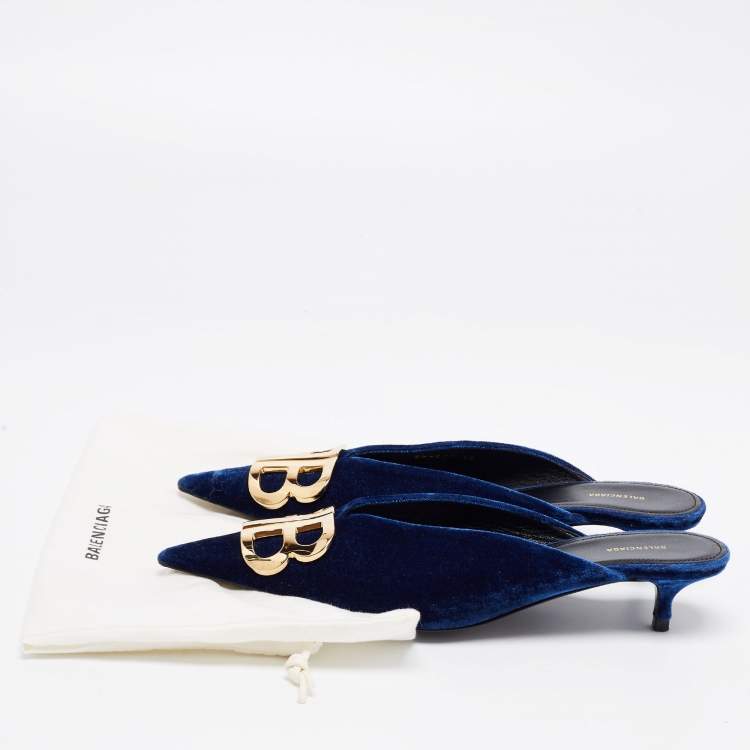 Pre Owned Balenciaga Navy Blue Velvet BB Logo Knife Mules Size 38