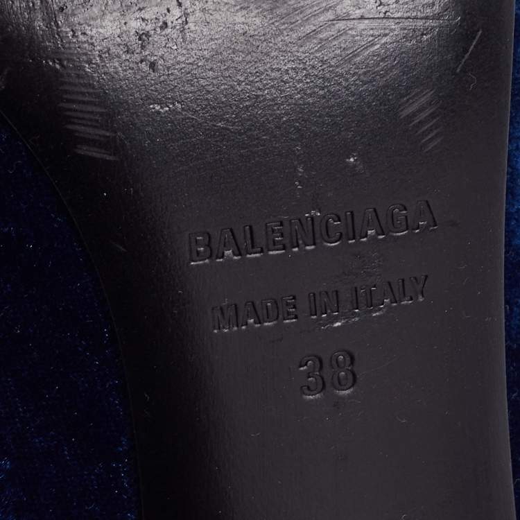 Pre Owned Balenciaga Navy Blue Velvet BB Logo Knife Mules Size 38