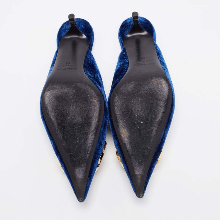 Pre Owned Balenciaga Navy Blue Velvet BB Logo Knife Mules Size 38
