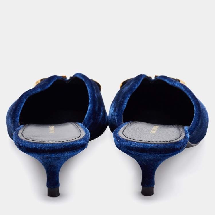 Pre Owned Balenciaga Navy Blue Velvet BB Logo Knife Mules Size 38