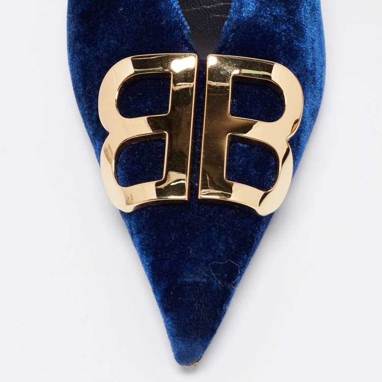Pre Owned Balenciaga Navy Blue Velvet BB Logo Knife Mules Size 38