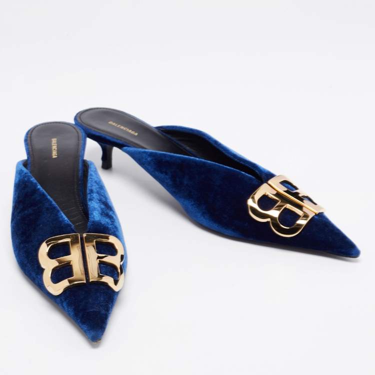 Pre Owned Balenciaga Navy Blue Velvet BB Logo Knife Mules Size 38