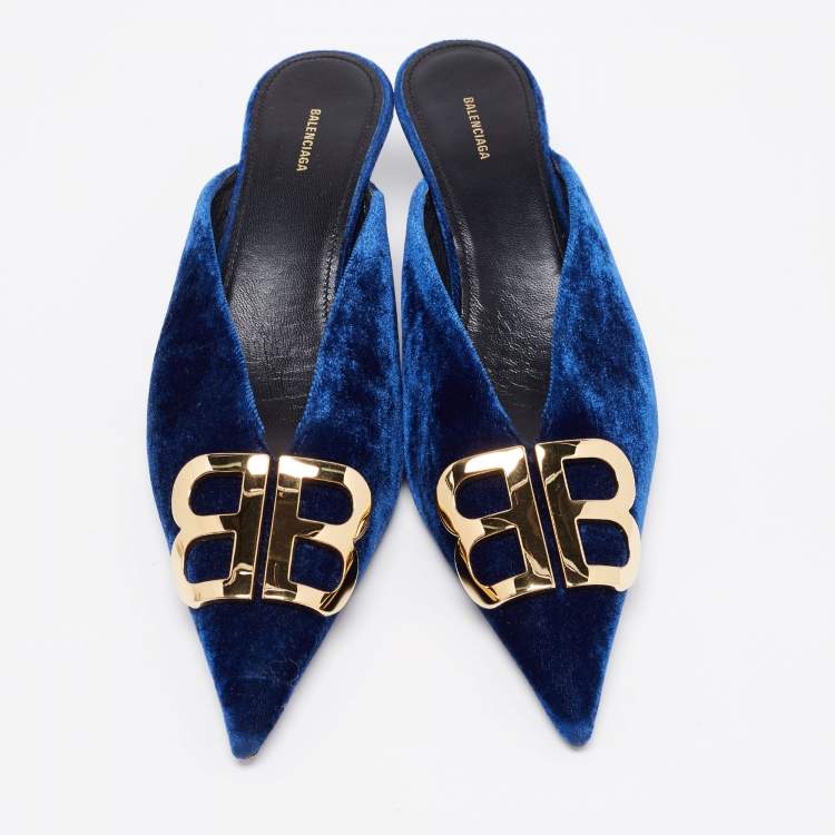 Pre Owned Balenciaga Navy Blue Velvet BB Logo Knife Mules Size 38