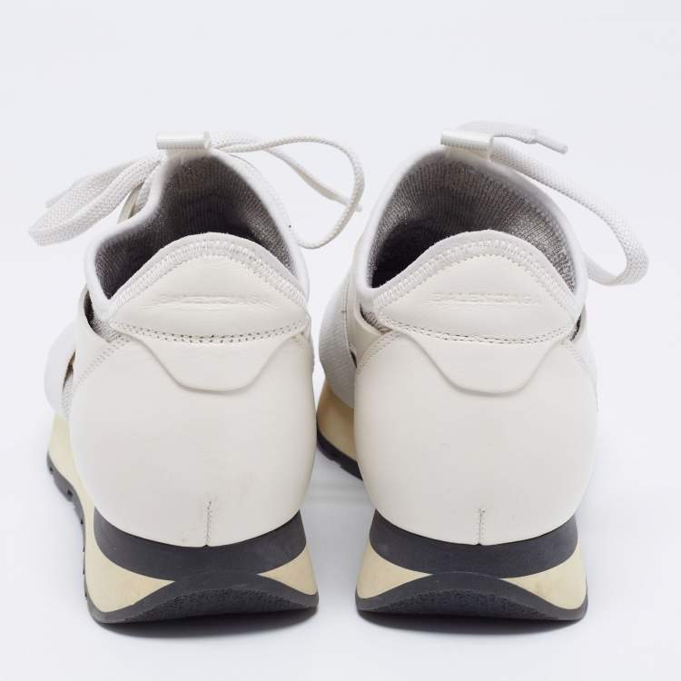 Pre Owned Balenciaga White/Grey Stretch Fabric And Leather Race Runner Sneakers Size 38