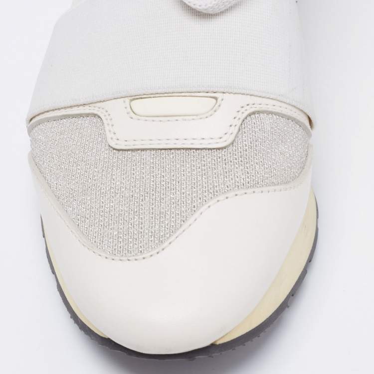 Pre Owned Balenciaga White/Grey Stretch Fabric And Leather Race Runner Sneakers Size 38