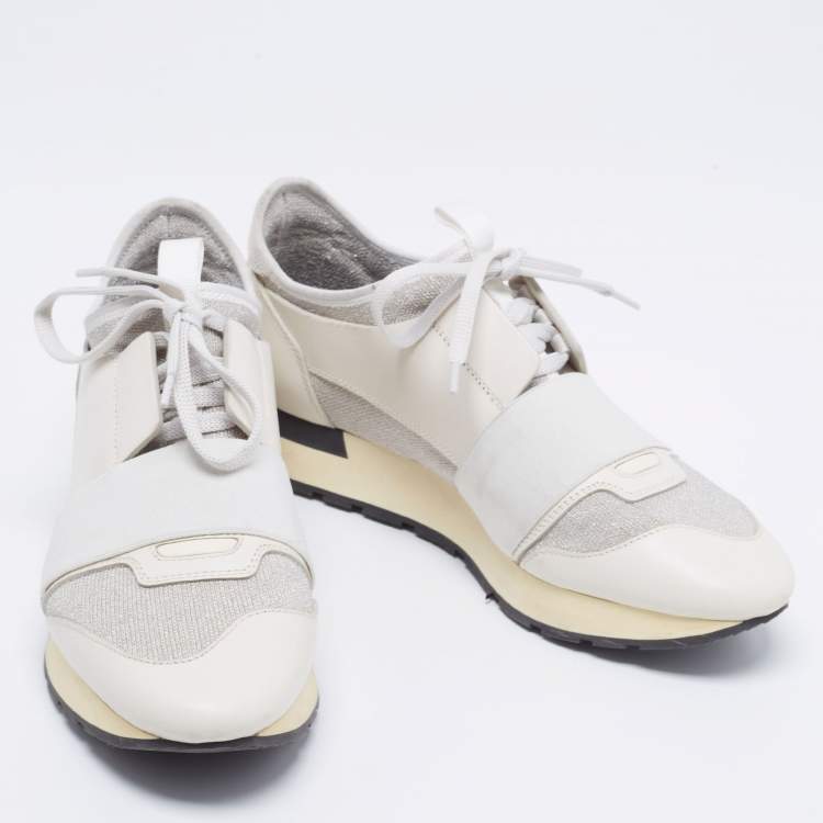 Pre Owned Balenciaga White/Grey Stretch Fabric And Leather Race Runner Sneakers Size 38