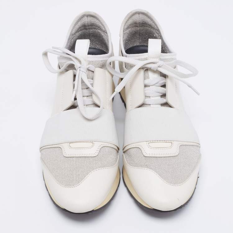 Pre Owned Balenciaga White/Grey Stretch Fabric And Leather Race Runner Sneakers Size 38