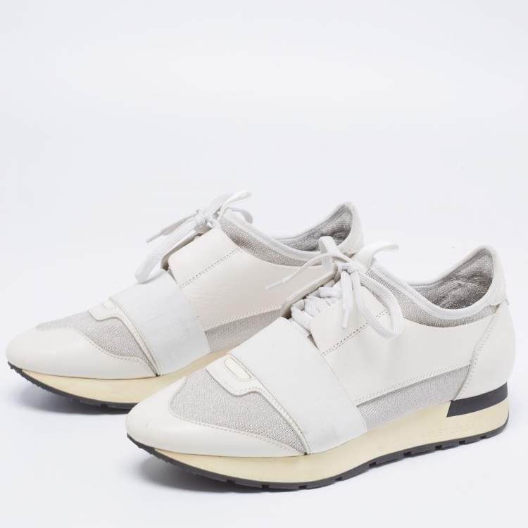 Pre Owned Balenciaga White/Grey Stretch Fabric And Leather Race Runner Sneakers Size 38