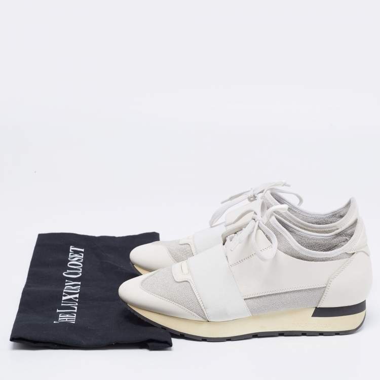 Pre Owned Balenciaga White/Grey Stretch Fabric And Leather Race Runner Sneakers Size 38