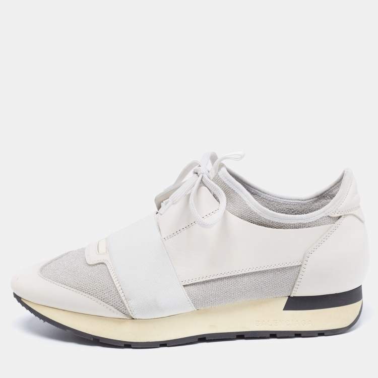 Pre Owned Balenciaga White/Grey Stretch Fabric And Leather Race Runner Sneakers Size 38