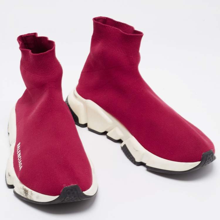 Pre Owned Balenciaga Burgundy Knit Fabric Speed Trainer High-Top Sneakers Size 38