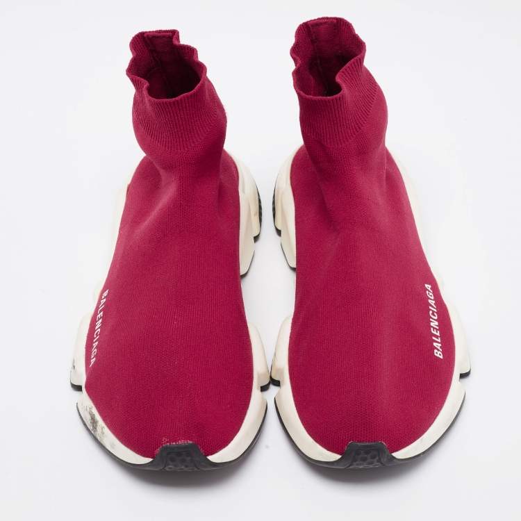Pre Owned Balenciaga Burgundy Knit Fabric Speed Trainer High-Top Sneakers Size 38