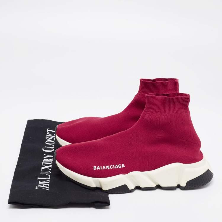 Pre Owned Balenciaga Burgundy Knit Fabric Speed Trainer High-Top Sneakers Size 38