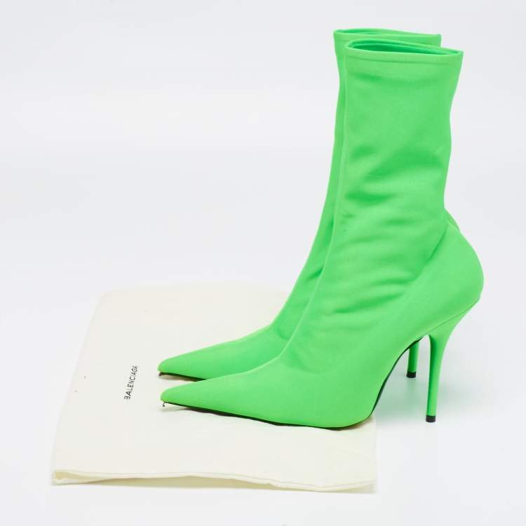 Pre Owned Balenciaga Green Spandex Fabric Knife Mid Calf Pointed Toe Boots Size 41