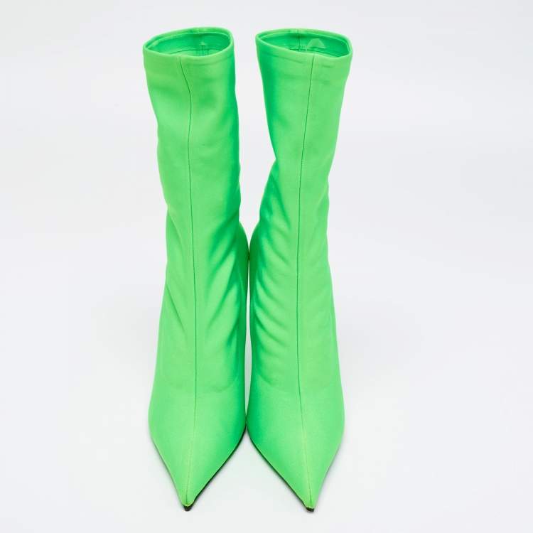 Pre Owned Balenciaga Green Spandex Fabric Knife Mid Calf Pointed Toe Boots Size 41