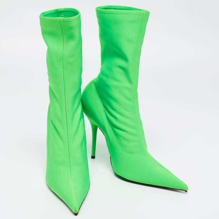 Pre Owned Balenciaga Green Spandex Fabric Knife Mid Calf Pointed Toe Boots Size 41