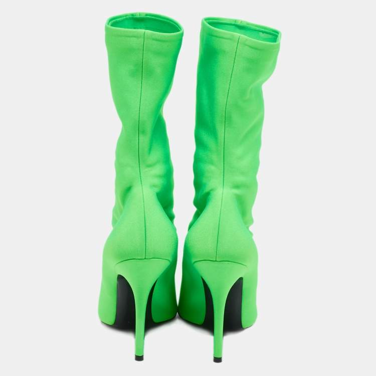 Pre Owned Balenciaga Green Spandex Fabric Knife Mid Calf Pointed Toe Boots Size 41