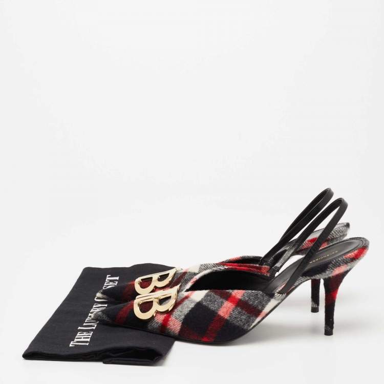 Pre Owned Balenciaga Tri-Color Wool BB Logo Knife Slingback Pumps Size 41   