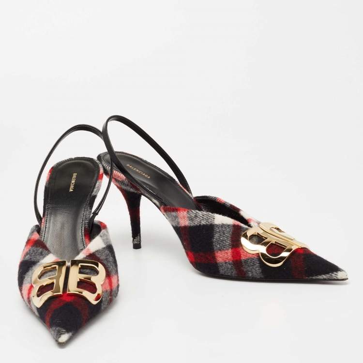 Pre Owned Balenciaga Tri-Color Wool BB Logo Knife Slingback Pumps Size 41   