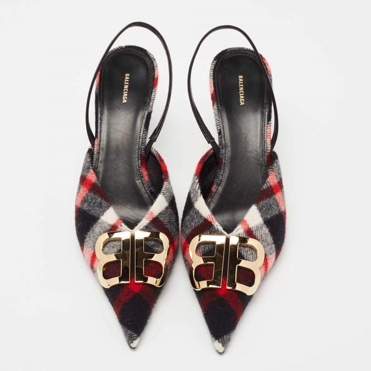 Pre Owned Balenciaga Tri-Color Wool BB Logo Knife Slingback Pumps Size 41   