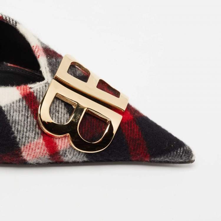 Pre Owned Balenciaga Tri-Color Wool BB Logo Knife Slingback Pumps Size 41   