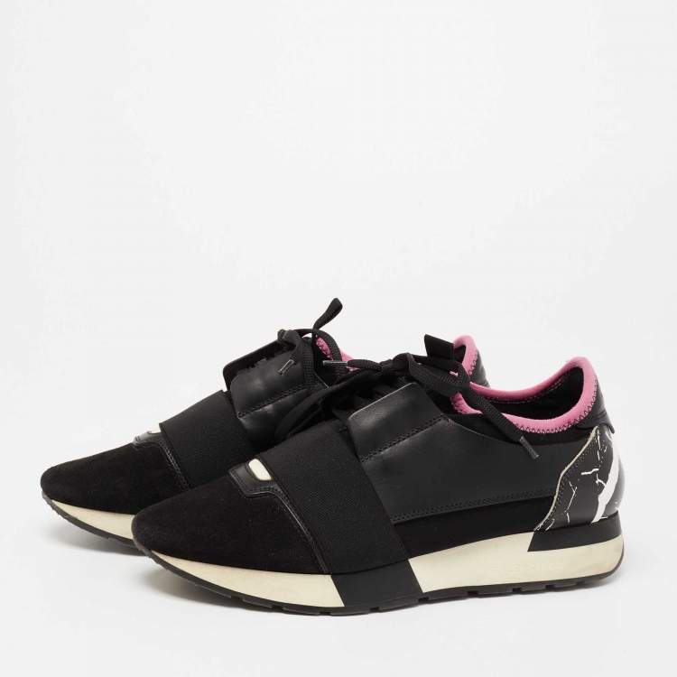 Pre Owned Balenciaga Black Leather And Suede Race Runner Sneakers Size 38