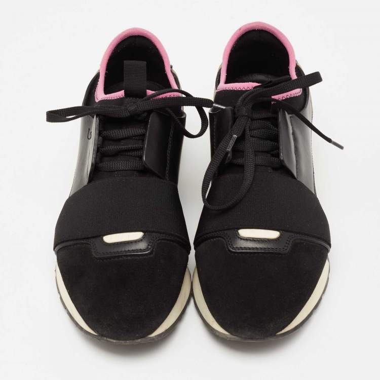 Pre Owned Balenciaga Black Leather And Suede Race Runner Sneakers Size 38